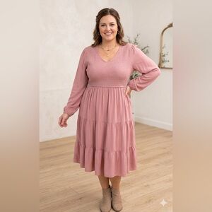 Zesica V-Neck Smocked Tiered Midi Dress in Dusty Rose